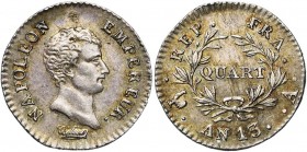 FRANCE, Napoléon Ier (1804-1814), AR quart de franc, an 13A, Paris. Gad. 346. Belle patine.
TB à SUP