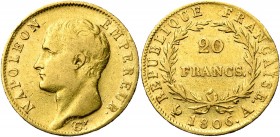 FRANCE, Napoléon Ier (1804-1814), AV 20 francs, 1806A, Paris. Gad. 1023.
B à TB