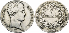 FRANCE, Napoléon Ier (1804-1814), AR 5 francs, 1806M, Toulouse. Gad. 581. Rare Nettoyé.
B à TB