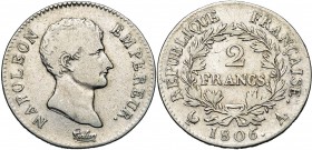 FRANCE, Napoléon Ier (1804-1814), AR 2 francs, 1806A, Paris. Gad. 496.
B à TB