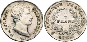 FRANCE, Napoléon Ier (1804-1814), AR 1 franc, 1806L, Bayonne. Gad. 444. Petites taches.
pr. SUP