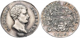 FRANCE, Napoléon Ier (1804-1814), AR demi-franc, 1806A, Paris. Gad. 396. Nettoyé. Petites irrégularités de la tranche.
SUP