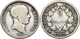 FRANCE, Napoléon Ier (1804-1814), AR 2 francs, 1807A, Paris. "Tête de nègre". Gad. 499. Très rare.
tbc/B