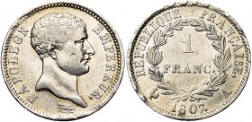 FRANCE, Napoléon Ier (1804-1814), AR 1 franc, 1807A, Paris. "Tête de nègre". Gad. 445. Très rare Nettoyé. Petit défaut de flan sur la joue.
TB