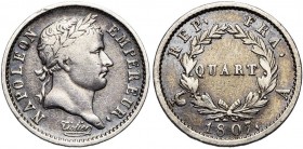 FRANCE, Napoléon Ier (1804-1814), AR quart de franc, 1807A, Paris. "Tête de nègre" laurée. Gad. 349. Rare.
TB
