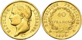 FRANCE, Napoléon Ier (1804-1814), AV 40 francs, 1808A, Paris. Tête laurée. Gad. 1083; Fr. 493.
B à TB