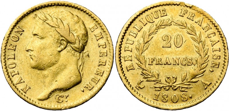 FRANCE, Napoléon Ier (1804-1814), AV 20 francs, 1808A, Paris. Gad. 1024; Fr. 499...