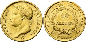 FRANCE, Napoléon Ier (1804-1814), AV 20 francs, 1808A, Paris. Gad. 1024; Fr. 499.
B à TB