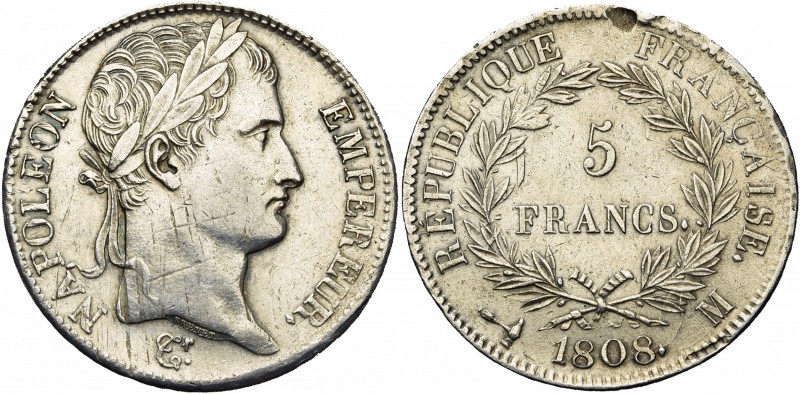 FRANCE, Napoléon Ier (1804-1814), AR 5 francs, 1808M, Toulouse. Tête laurée. Gad...