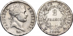 FRANCE, Napoléon Ier (1804-1814), AR 2 francs, 1808A, Paris. Gad. 500.
TB