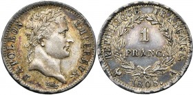 FRANCE, Napoléon Ier (1804-1814), AR 1 franc, 1808A, Paris. Gad. 446. Belle patine.
SUP