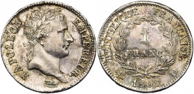 FRANCE, Napoléon Ier (1804-1814), AR 1 franc, 1808D, Lyon. Gad. 446. Fines traces d''ajustage et petites taches.
SUP
