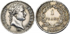 FRANCE, Napoléon Ier (1804-1814), AR 1 franc, 1808W, Lille. Gad. 446. Petits coups sur la tranche.
TB à SUP