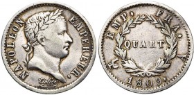 FRANCE, Napoléon Ier (1804-1814), AR quart de franc, 1809A, Paris. Gad. 350.
pr. TB