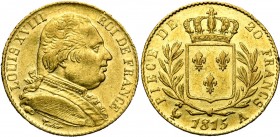 FRANCE, Louis XVIII, première restauration (1814-1815), AV 20 francs, 1815A, Paris. Gad. 1026; Fr. 525.
TB
