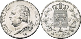 FRANCE, Louis XVIII, seconde restauration (1815-1824), AR 5 francs, 1822B, Rouen. Gad. 614. Nettoyé.
pr. SUP
