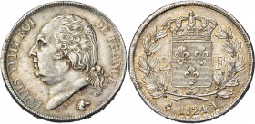 FRANCE, Louis XVIII, seconde restauration (1815-1824), AR 2 francs, 1824I, Limoges. Gad. 513. Légère irrégularité de la tranche.
TB