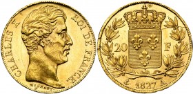FRANCE, Charles X (1824-1830), AV 20 francs, 1827A, Paris. Gad. 1029; Fr. 549. Griffe au revers. Fine brisure du coin au droit.
SUP