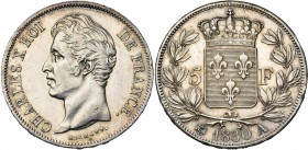 FRANCE, Charles X (1824-1830), AR 5 francs, 1830A, Paris. Tranche en relief. Gad. 644a. Rare Petits coups.
SUP