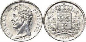 FRANCE, Charles X (1824-1830), AR 1 franc, 1827W, Lille. Gad. 450. Nettoyé.
SUP