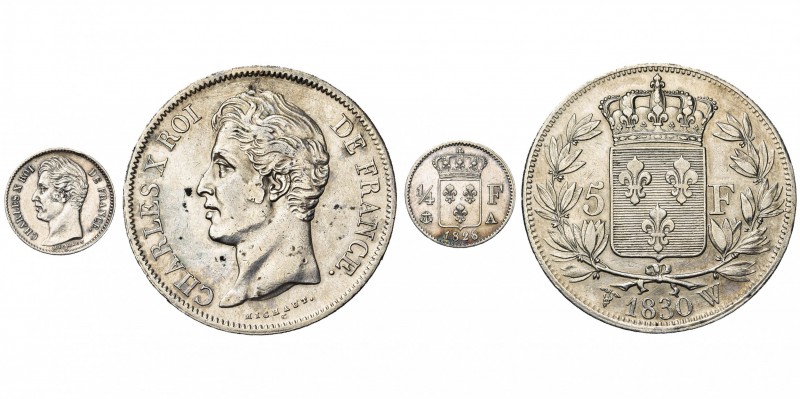 FRANCE, Charles X (1824-1830), lot de 2 p.: 1/4 franc, 1824A, Paris; 5 francs, 1...