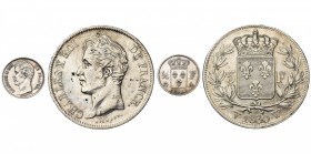 FRANCE, Charles X (1824-1830), lot de 2 p.: 1/4 franc, 1824A, Paris; 5 francs, 1830W, Lille. Gad. 353, 644. Nettoyés.
SUP et TB