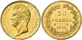 FRANCE, Louis-Philippe (1830-1848), AV 20 francs, 1830A, Paris. Tête nue. Tranche en creux. Gad. 1030. Rare.
TB