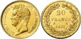 FRANCE, Louis-Philippe (1830-1848), AV 20 francs, 1831A, Paris. Tête nue. Tranche en relief. Gad. 1030a.
TB