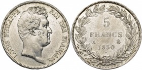 FRANCE, Louis-Philippe (1830-1848), AR 5 francs, 1830A, Paris. Tête nue. Sans le "I". Tranche en creux. Gad. 675. Rare Nettoyé. Griffes.
TB