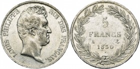 FRANCE, Louis-Philippe (1830-1848), AR 5 francs, 1830A, Paris. Tête nue. Sans le "I". Tranche en relief. Gad. 675a. Rare.
TB