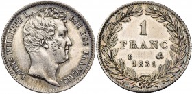 FRANCE, Louis-Philippe (1830-1848), AR 1 franc, 1831B, Rouen. Tête nue. Gad. 452. Belle patine.
TB