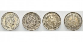 FRANCE, Louis-Philippe (1830-1848), lot de 2 p.: 1/4 de franc, 1843B, Rouen (belle patine); 25 centimes, 1847A, Paris. Gad. 355, 357.
SUP et TB