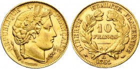 FRANCE, Deuxième République (1848-1852), AV 10 francs, 1851A, Paris. Gad. 1012; Fr. 567.
TB