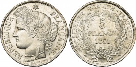 FRANCE, Deuxième République (1848-1852), AR 5 francs, 1851A, Paris. Type Cérès. Gad. 719. Petits coup sur la tranche.
SUP à FDC