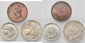FRANCE, Deuxième République (1848-1852), lot de 3 p.: 1 centime 1848A, 20 centimes 1850A (nettoyé), 50 centimes 1851A (fines griffes). Gad. 84, 303, 4...