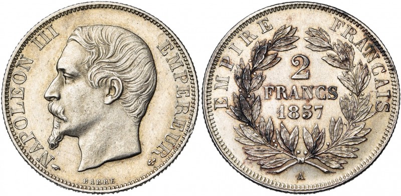 FRANCE, Napoléon III (1852-1870), AR 2 francs, 1857A, Paris. Gad. 523. Rare Tach...