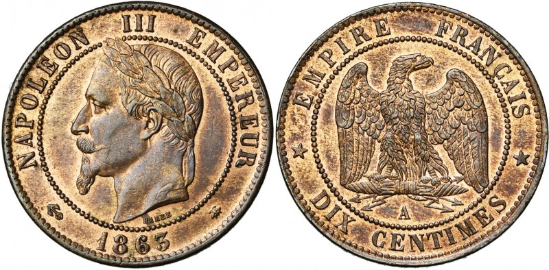 FRANCE, Napoléon III (1852-1870), Cu 10 centimes, 1863A, Paris. Gad. 253.
SUP à...