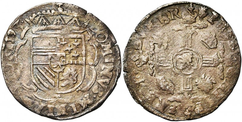 BRABANT, Duché, Philippe II (1555-1598), billon double patard, 1593, Anvers. D/ ...