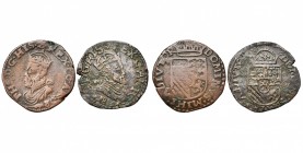 ARTOIS, Comté, Philippe II (1555-1598), lot de 2 liards, 1586 (buste à g. et buste à d.). G.H. 232-9b, 232-9d.
B à TB