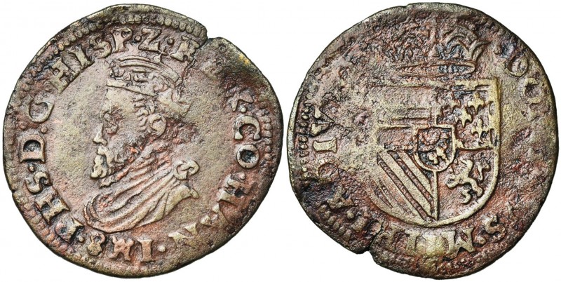 HAINAUT, Comté, Philippe II (1555-1598), restauré, Cu liard, 1581, Mons. D/ B. c...