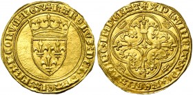 TOURNAI, atelier royal français, Charles VI (1380-1422), AV écu d''or à la couronne, 1e ou 2e émission (1385-1389). Différent: étoile à six branches a...