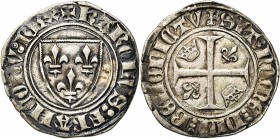 TOURNAI, atelier royal français, Charles VI (1380-1422), AR blanc guénar, 1e émission (mars 1385). Les O longs. Ponctuation par trois points au revers...