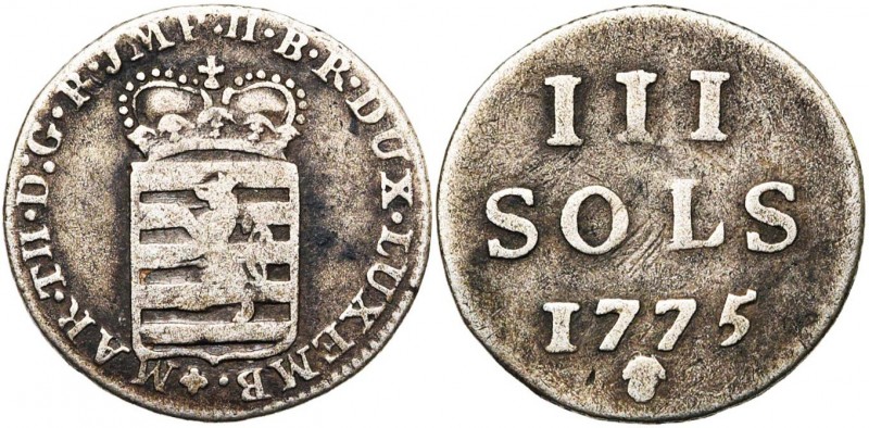 LUXEMBOURG, Duché, Marie-Thérèse (1740-1780), AR 3 sols, 1775, Bruxelles. D/ Ecu...