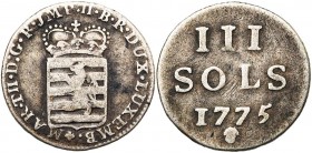 LUXEMBOURG, Duché, Marie-Thérèse (1740-1780), AR 3 sols, 1775, Bruxelles. D/ Ecu luxembourgeois couronné. R/ Valeur et date. Weiller 241; Probst L251-...