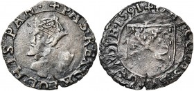 FRANCHE-COMTE, Philippe II (1556-1598), billon carolus, 1591, Dole. D/ B. couronné à g. R/ Ecu franc-comtois. V.H. 354; P.A. 5308; Dole R20. 1,65g Lég...