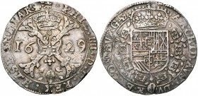 FRANCHE-COMTE, Philippe IV (1621-1665), AR patagon, 1629, Dole. Différent: soleil. D/ Croix de Bourgogne sous une couronne, portant le bijou de la Toi...