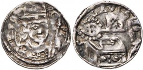 LIEGE, Principauté, Rodolphe de Zaeringen (1167-1191), AR denier, après 1174, Maastricht. D/ ROF- E-PC B. mitré de trois-quarts à d., bénissant et ten...