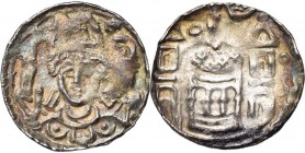 LIEGE, Principauté, Albert de Cuyck (1195-1200), AR denier, à partir de 1196, Huy. D/ B. mitré de f., bénissant de la main d. et ten. la crosse de la ...
