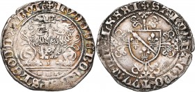 LIEGE, Principauté, Louis de Bourbon (1456-1482), AR double patard, 1481. D/ Deux lions affrontés sous un briquet. Croix recroisetée en début de légen...