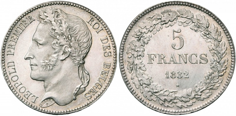 BELGIQUE, Royaume, Léopold Ier (1831-1865), AR 5 francs, 1832. Premier type à la...